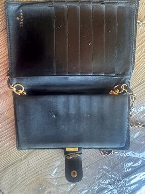 CHANEL Black Leather Chain Card Wallet with Gold Hardware
